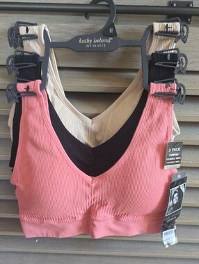 kathy ireland Intimates 3-Pack Ribbed Seamless Bralettes - Pink, Black, Cream